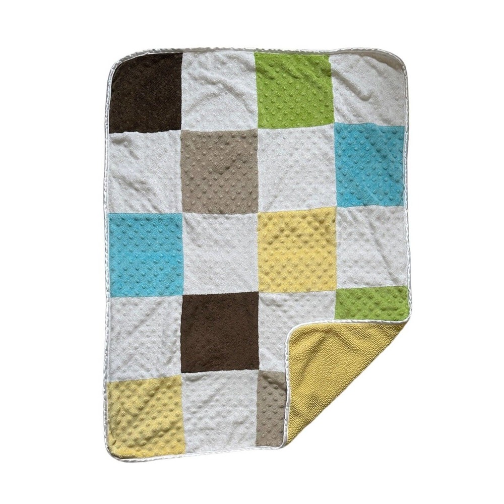 Just Born Yellow Brown Blue Green Colorblock Sherpa Dots Baby Security Blanket